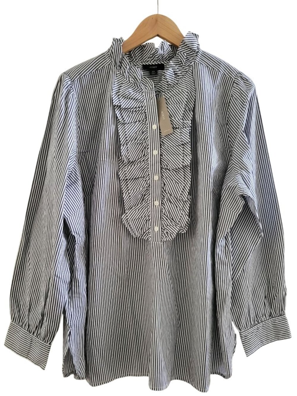 J. Crew Womens Black white Striped Ruffled front Blouse New Plus size 2X Preppy